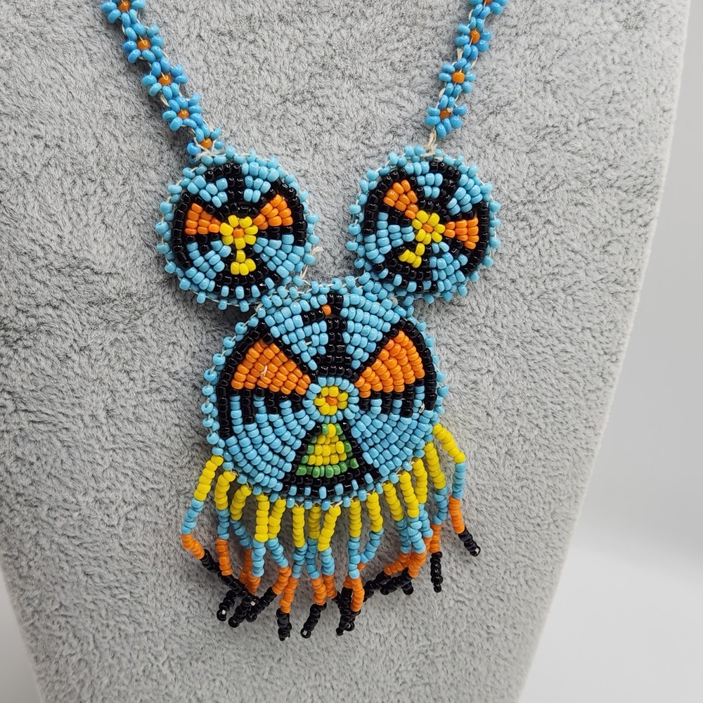Native‎ Handmade Beaded Bird Necklace Folk Art Seed Bead Boho Fringed Blue
